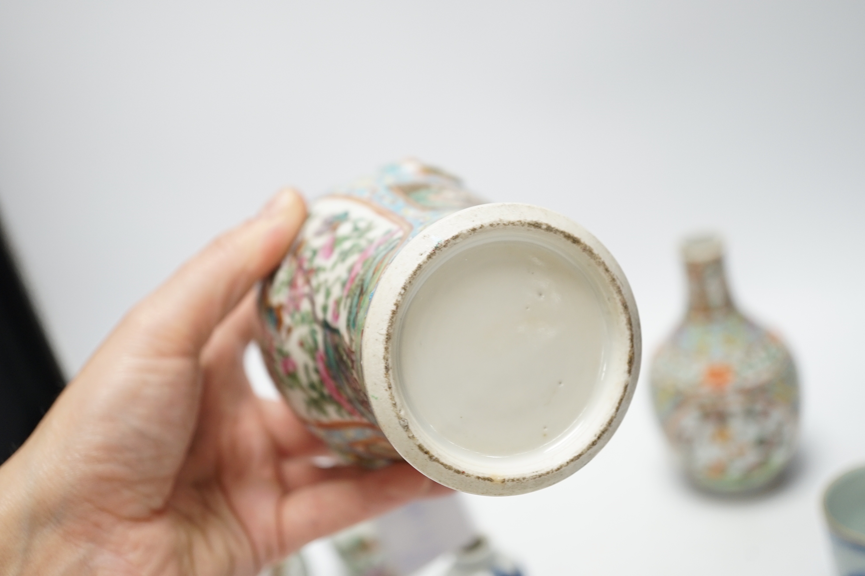 A group of Chinese famille rose small vases and blue and white items, late 19th/early 20th century (8) tallest 16cm